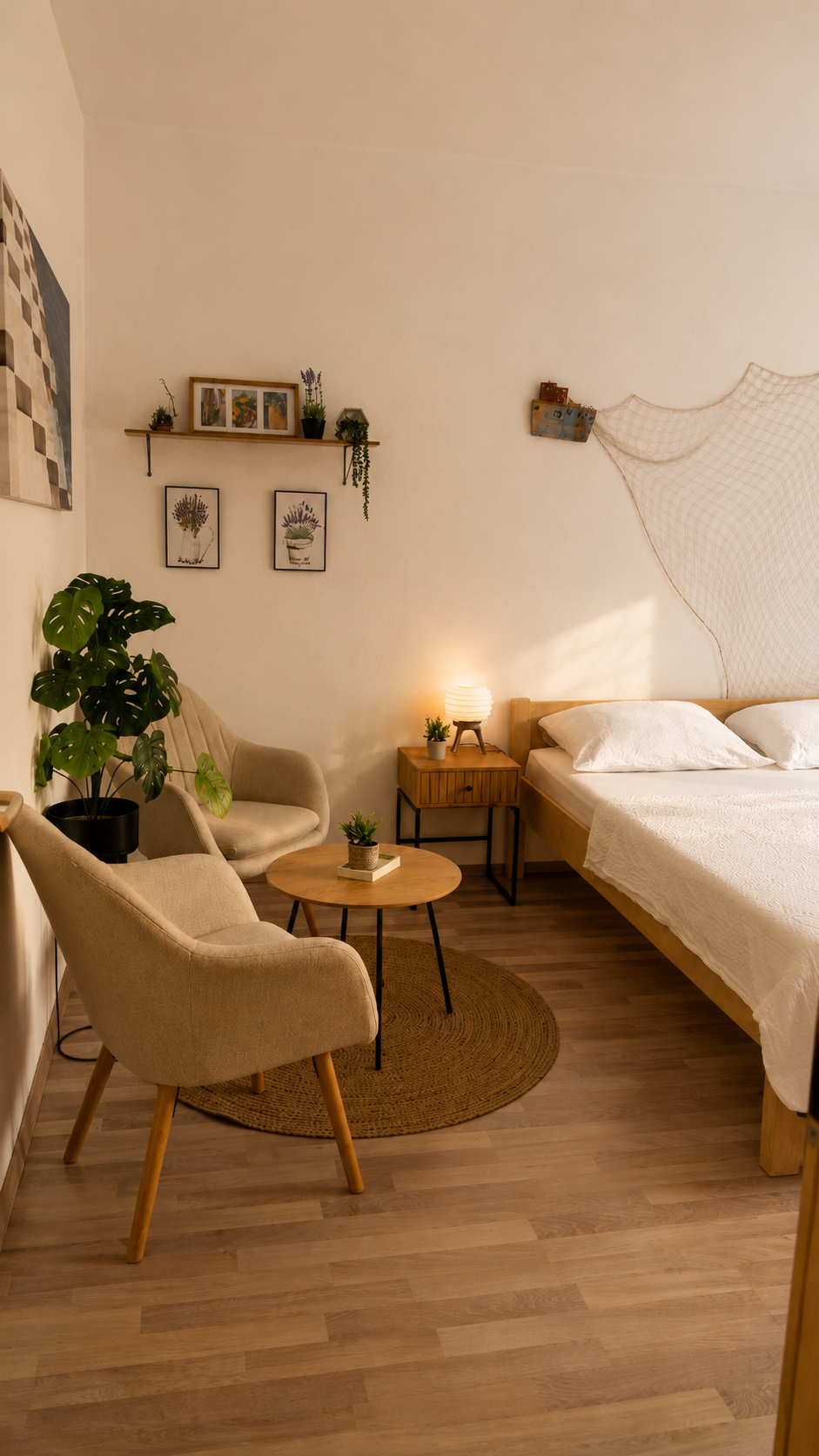 Apartment No1 – Innenansicht, Küche und Schlafbereich