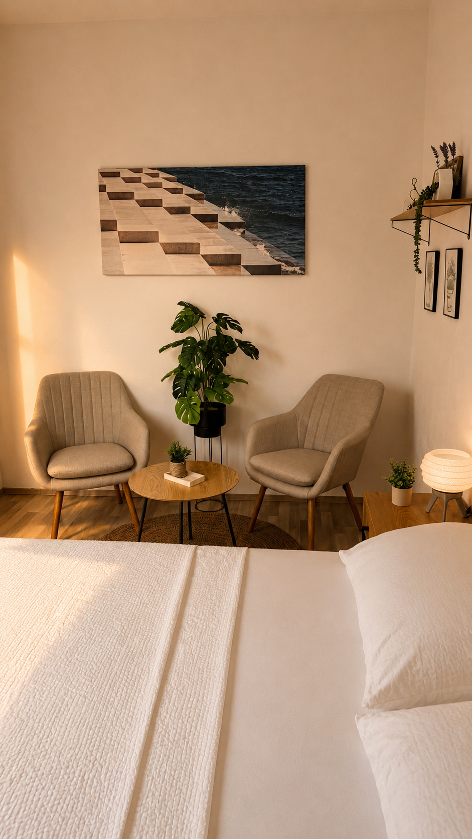 Apartment No1 – Innenansicht, Küche und Schlafbereich